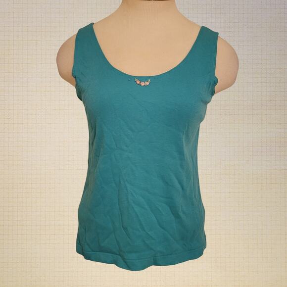 Lands' End Y2K Blue Cotton Stretch Tank Top Small Floral Embroidered Trim - Picture 1 of 7